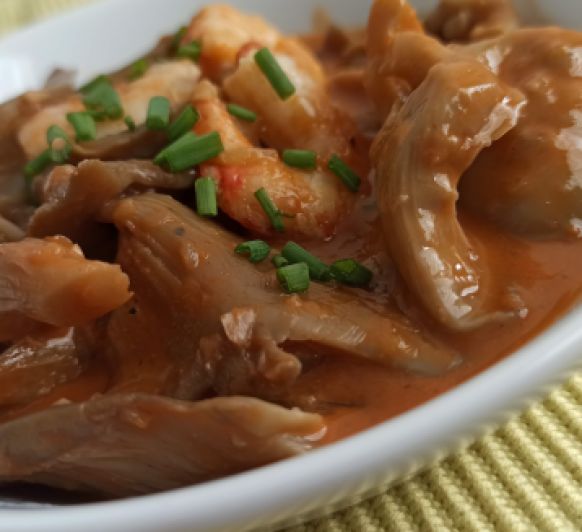 Otoño temporada de setas: guiso de setas y gambas hecho en Thermomix®